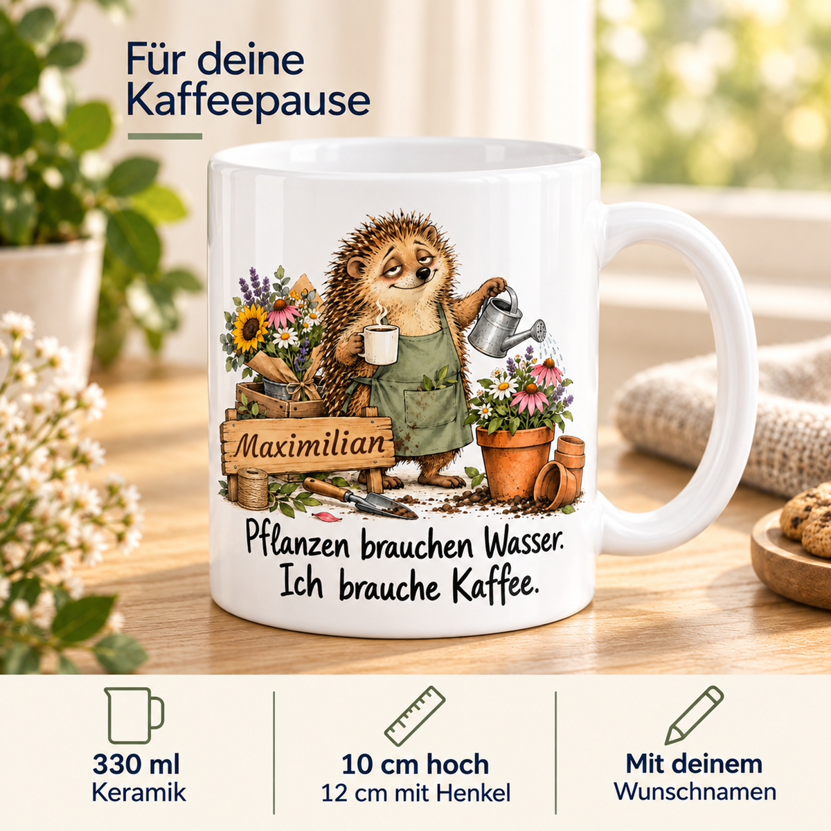 Gärtnerei: weiße Tasse mit Igel-Berufsmotiv, Spruch und Beispielname Maximilian – Eigenschaften