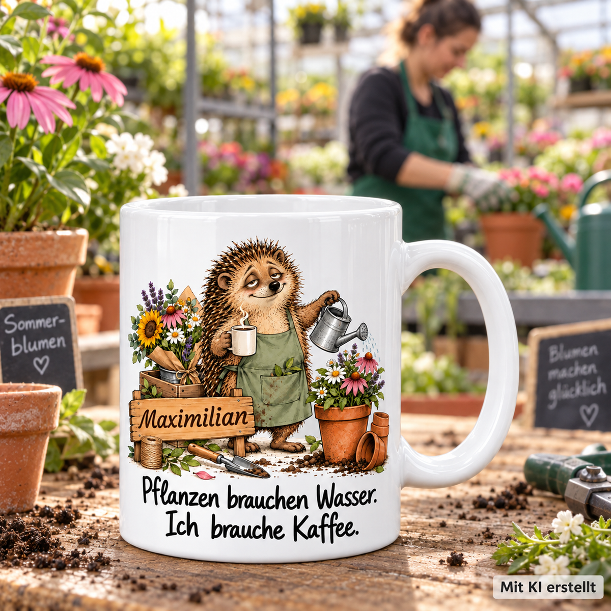 Personalisierte Gärtnerei / Floristik-Tasse mit Tiermotiv und Wunschname auf einer Arbeitsfläche; passende Berufsszene mit arbeitender Person unscharf im Hintergrund. Mit KI erstellt.