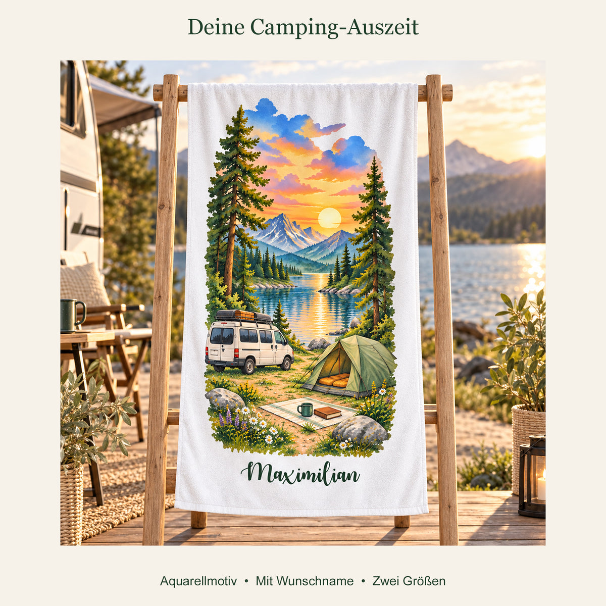 Camping-Handtuch Sonnenuntergang am Bergsee mit Wunschname – Ansicht 4