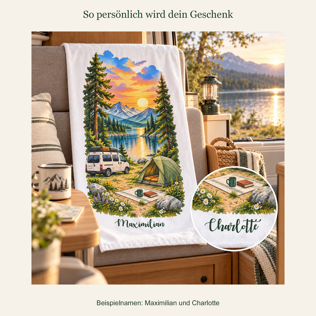 Camping-Handtuch Sonnenuntergang am Bergsee mit Wunschname – Ansicht 5