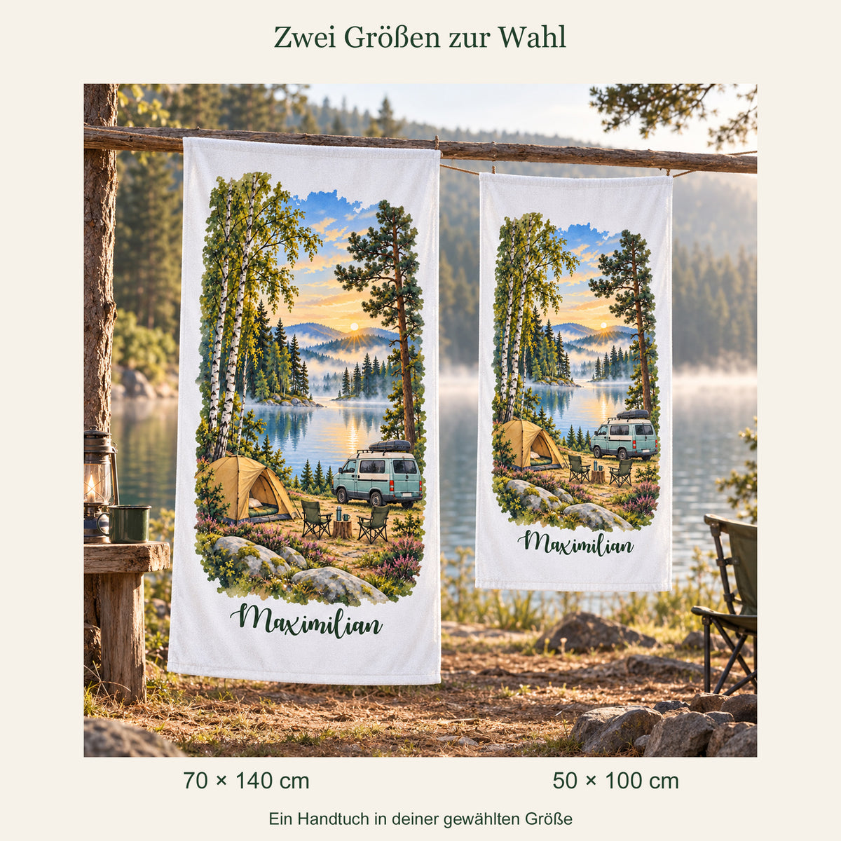 Camping-Handtuch Morgennebel am Waldsee mit Wunschname – Ansicht 6