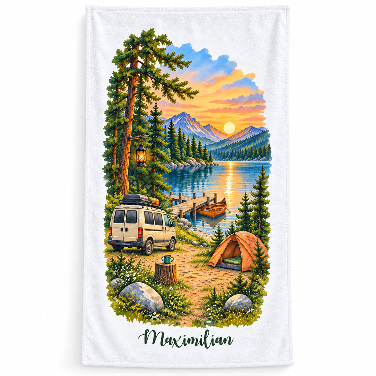 Camping-Handtuch Abendlicht am Steg mit Wunschname – Ansicht 1