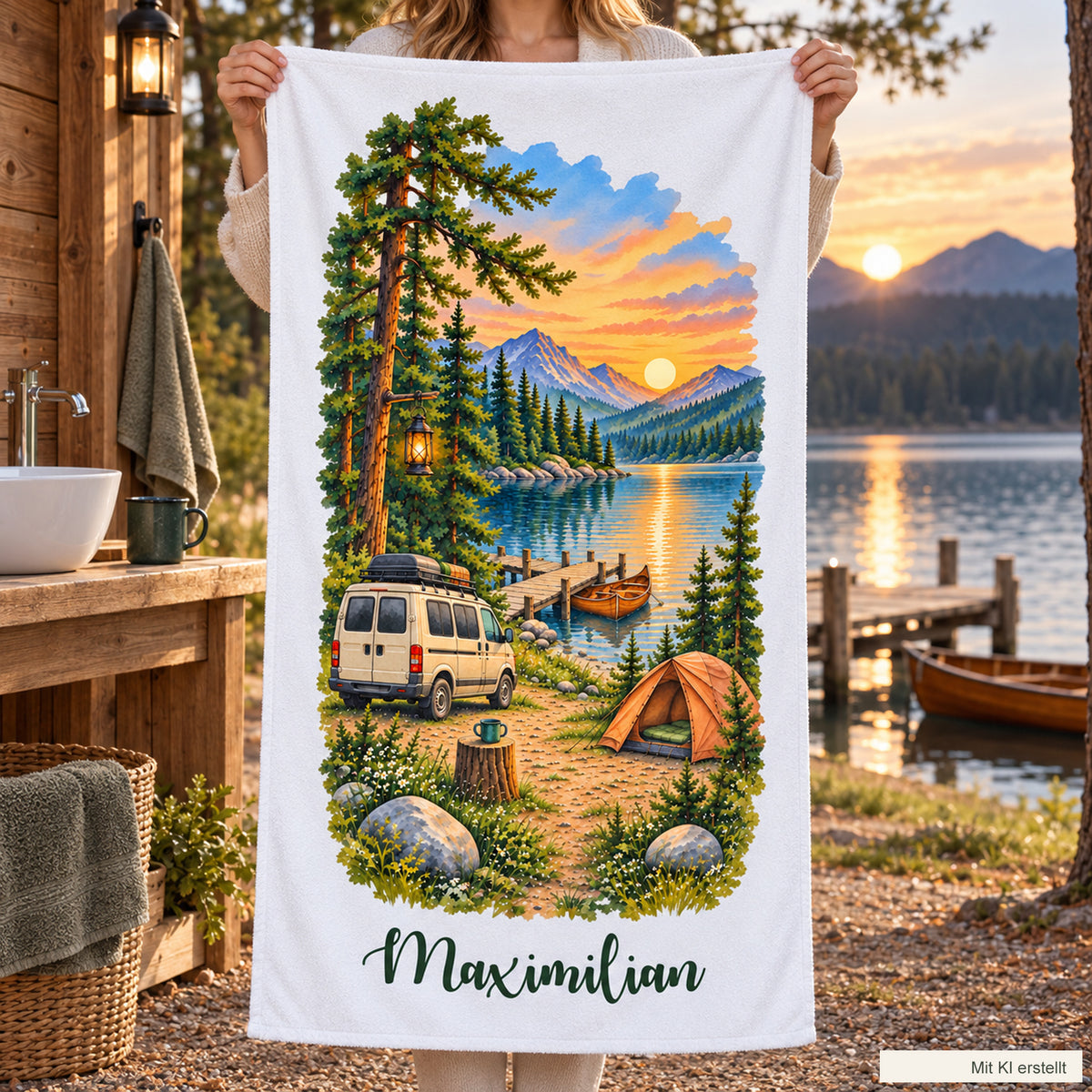 Camping-Handtuch Abendlicht am Steg mit Wunschname – Ansicht 7