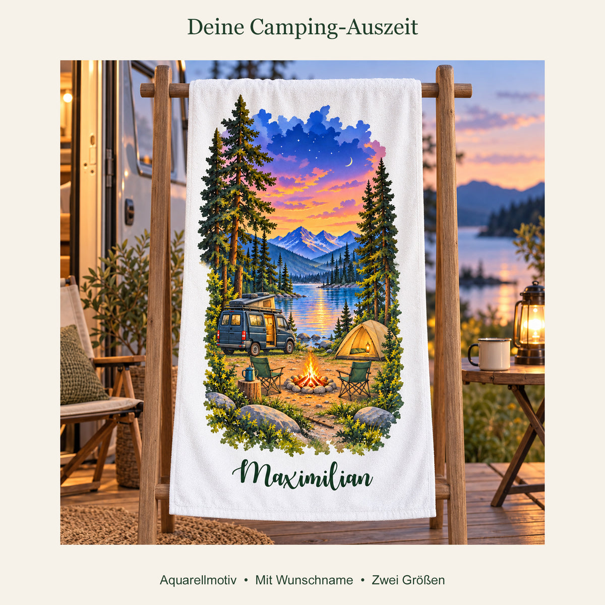 Camping-Handtuch Lagerfeuer in der Dämmerung mit Wunschname – Ansicht 4