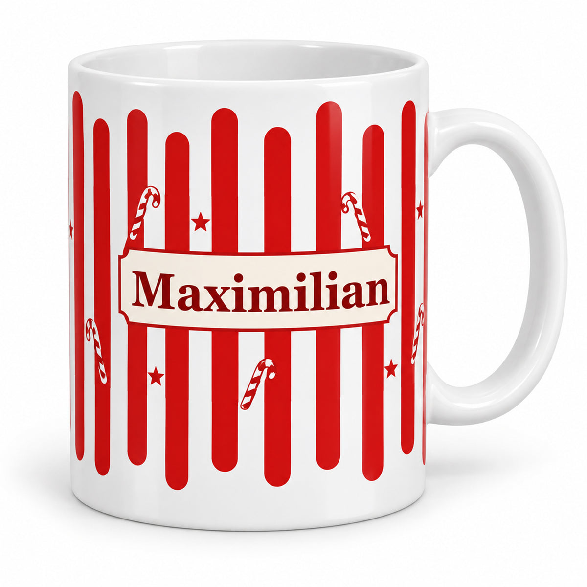Weihnachtstasse Zuckerstange – Hauptbild mit Beispielname Maximilian