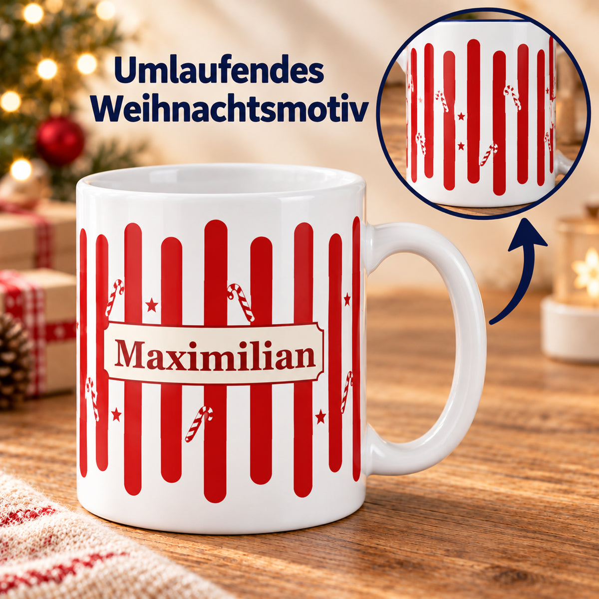Weihnachtstasse Zuckerstange – Umlaufender Druck mit Beispielname Maximilian