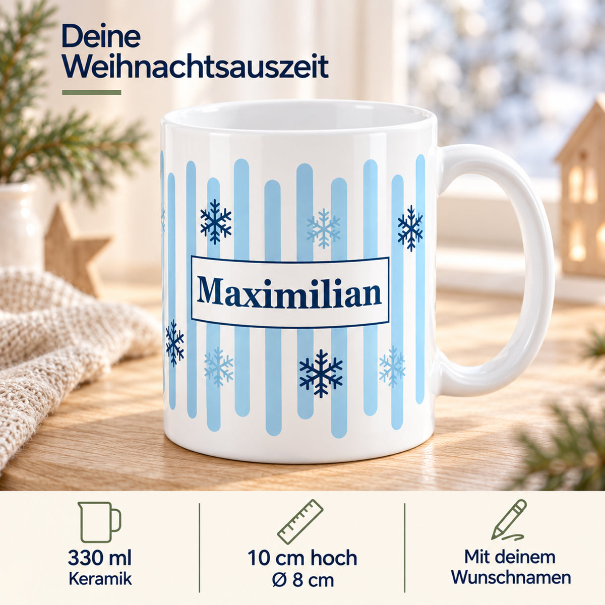 Weihnachtstasse Winterflocken – Produktdetails mit Beispielname Maximilian