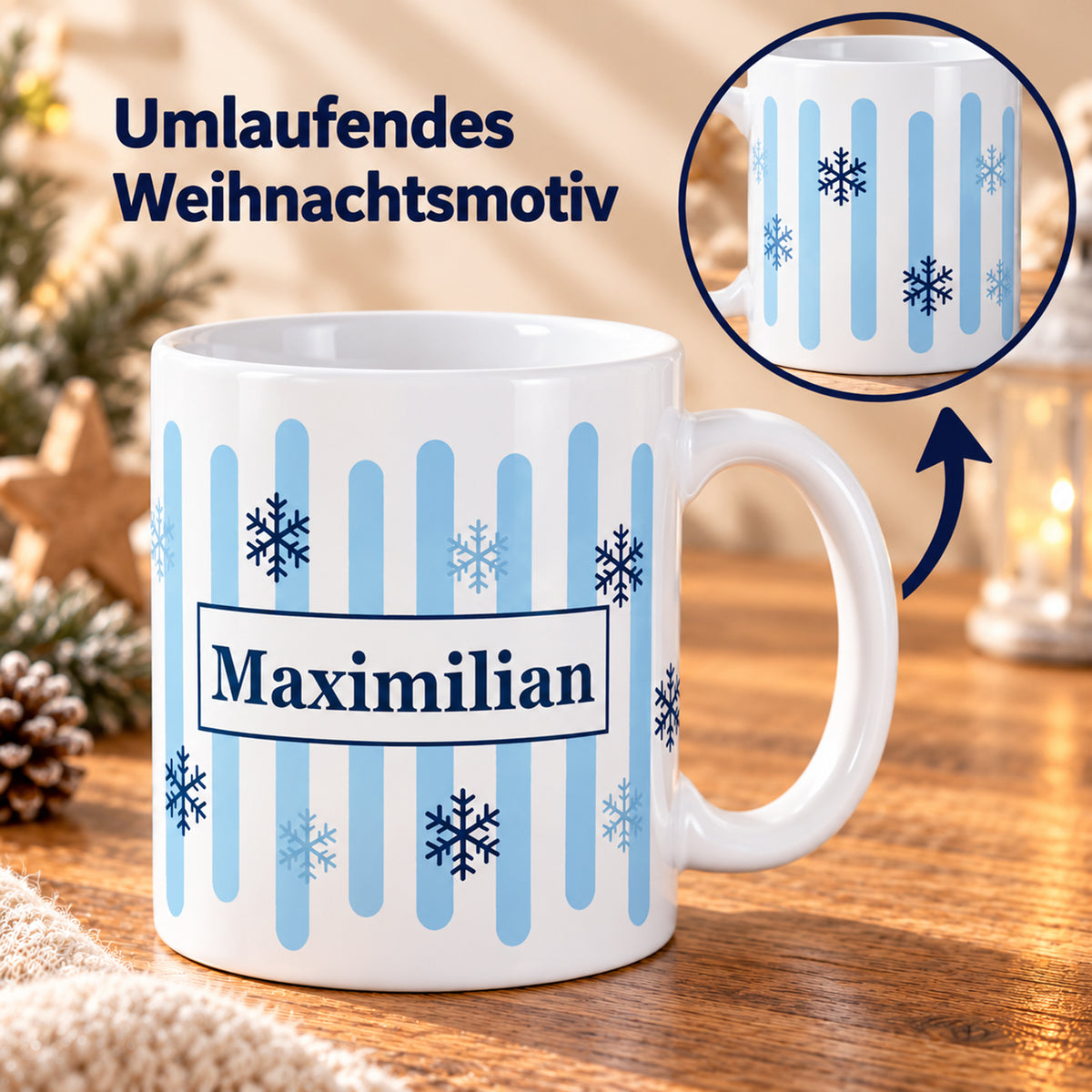 Weihnachtstasse Winterflocken – Umlaufender Druck mit Beispielname Maximilian