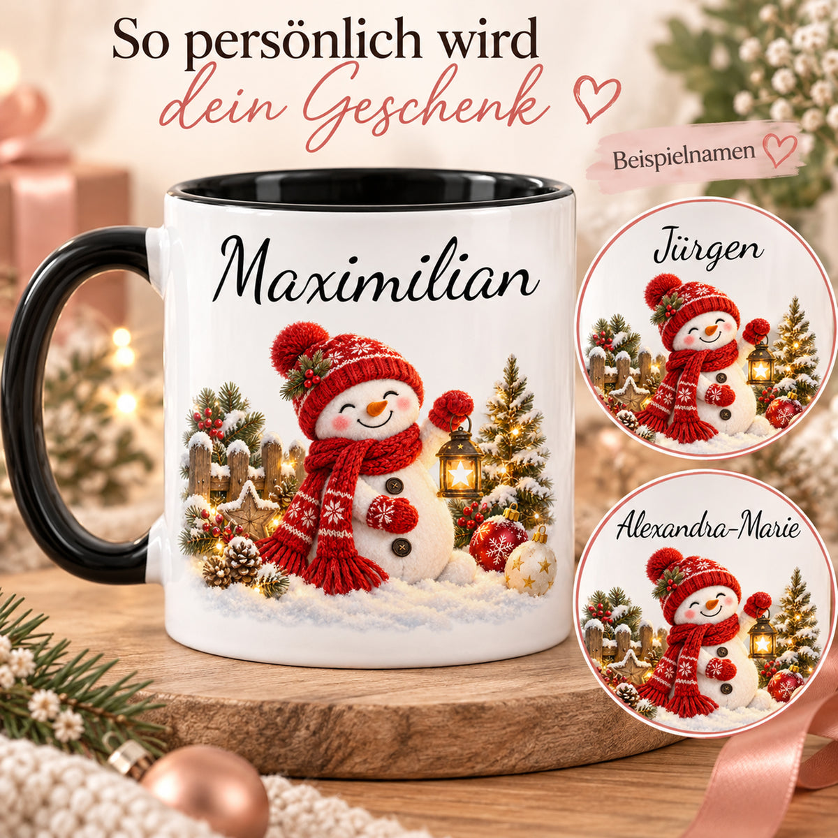 Personalisierung mit Beispielnamen: Schneemann-Tasse Laternenzauber, schwarzer Henkel, 330 ml, mit Beispielname Maximilian