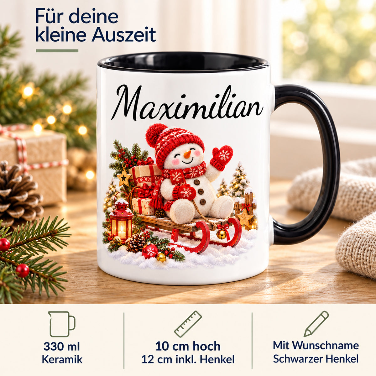 Produkteigenschaften: Schneemann-Tasse Schlittenfahrt, schwarzer Henkel, 330 ml, mit Beispielname Maximilian