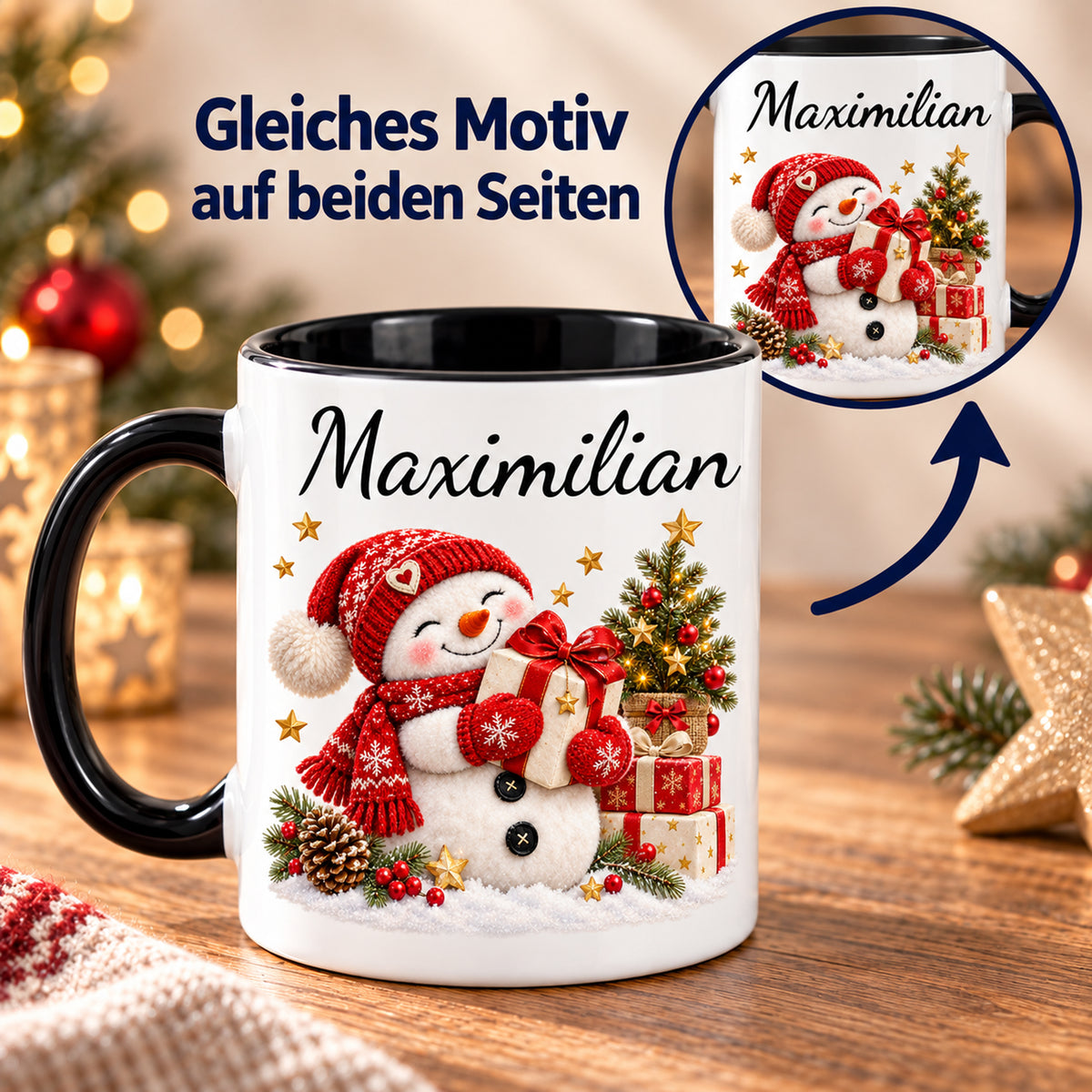 Gleiches Motiv auf beiden Seiten: Schneemann-Tasse Geschenkfreude, schwarzer Henkel, 330 ml, mit Beispielname Maximilian