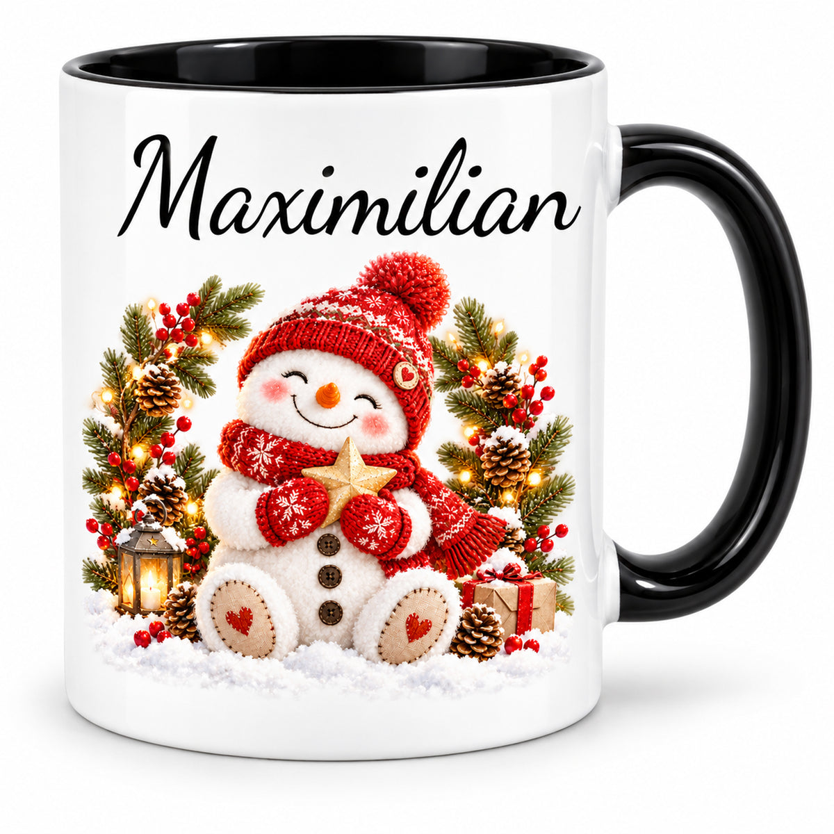 Hauptansicht: Schneemann-Tasse Winterkranz, schwarzer Henkel, 330 ml, mit Beispielname Maximilian