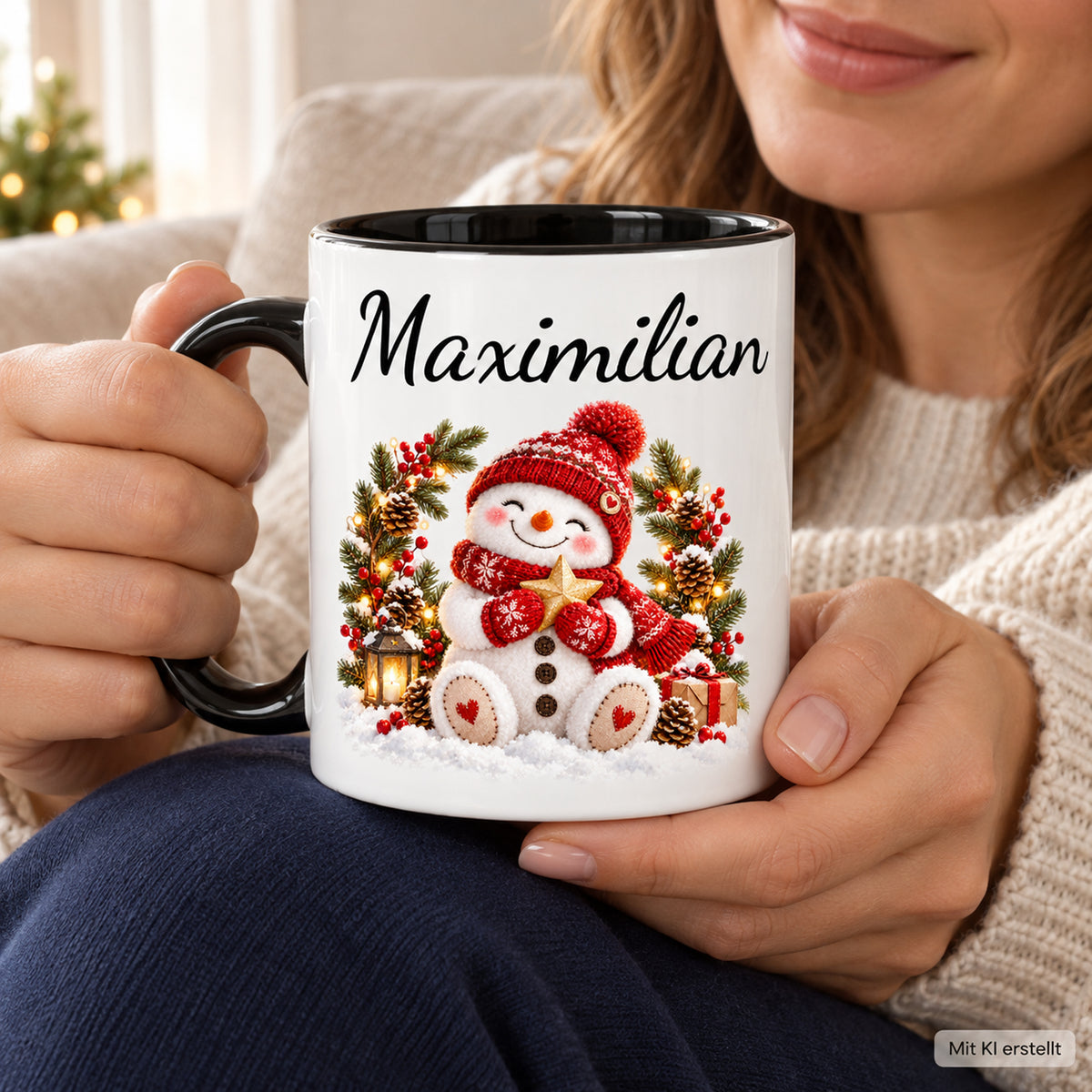 Nutzungsszene: Schneemann-Tasse Winterkranz, schwarzer Henkel, 330 ml, mit Beispielname Maximilian