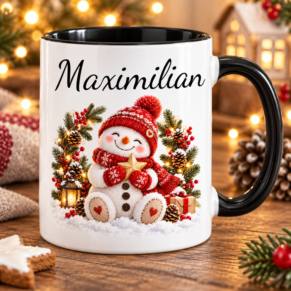 Winterliche Alltagsszene: Schneemann-Tasse Winterkranz, schwarzer Henkel, 330 ml, mit Beispielname Maximilian