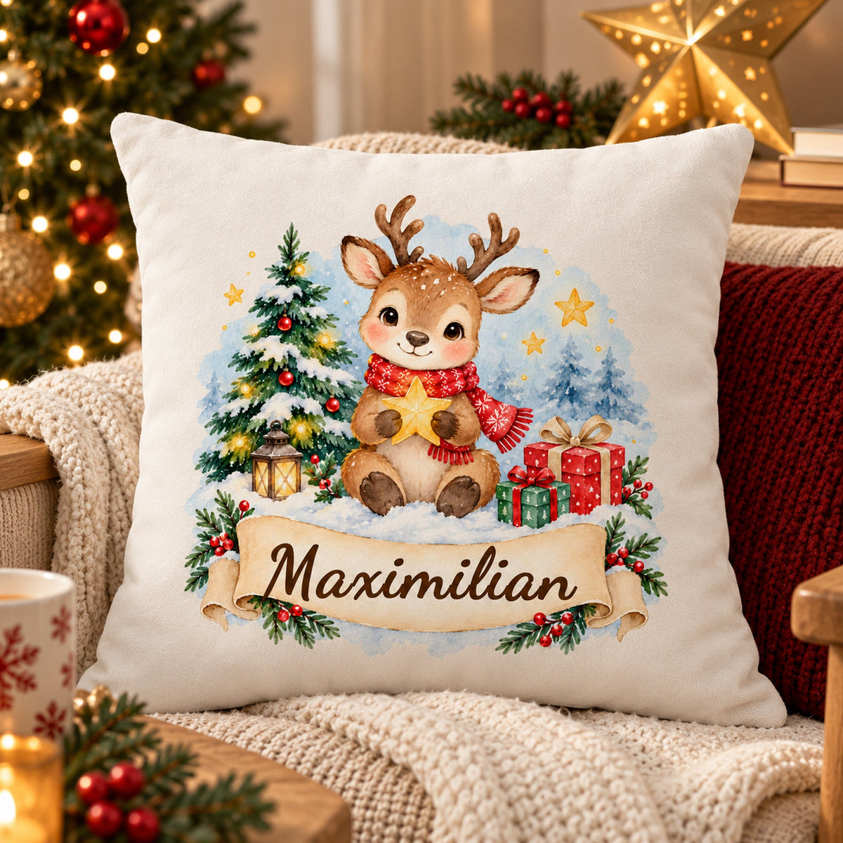 Weihnachts-Kissenbezug Rentier mit Wunschname – Wohnszene