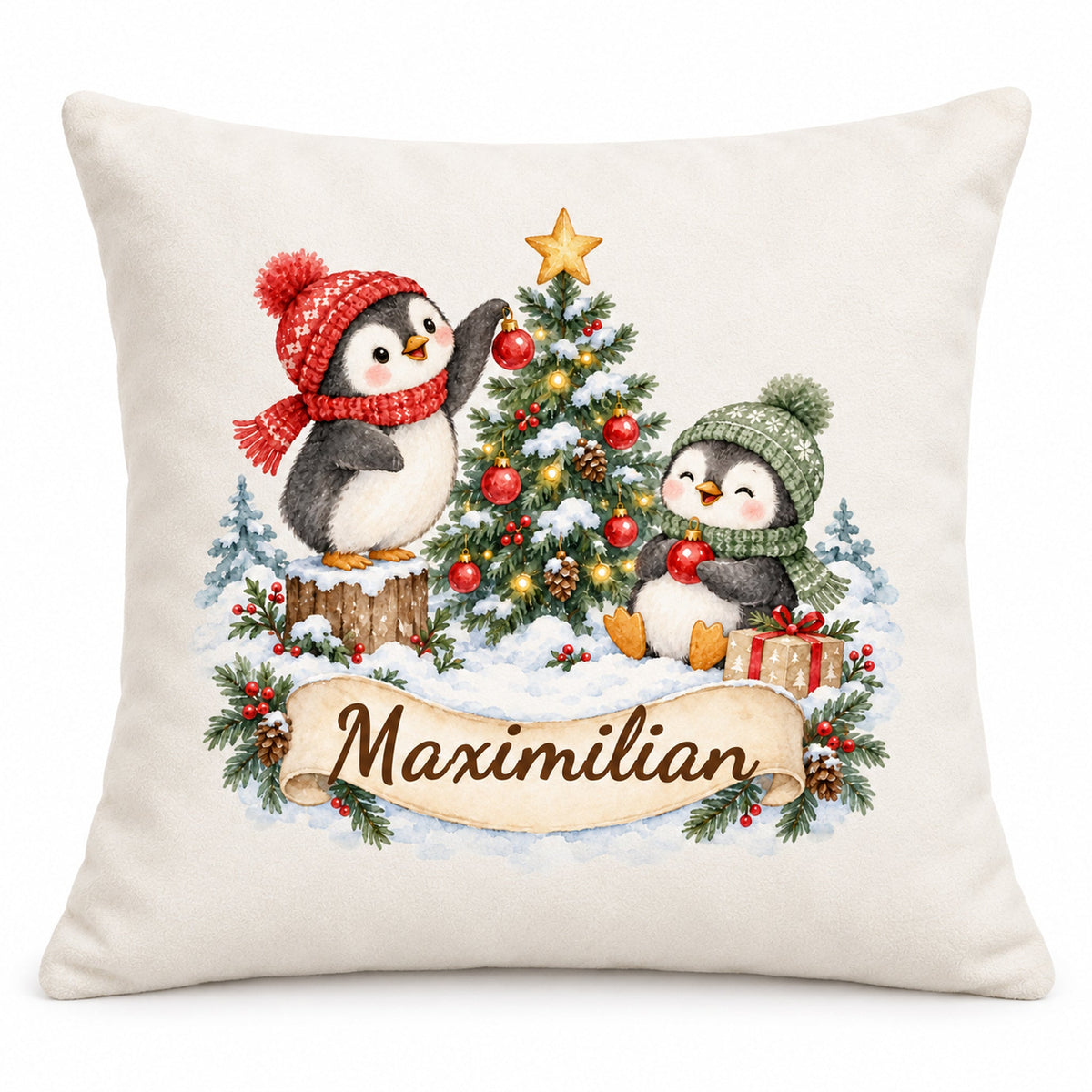 Weihnachts-Kissenbezug Pinguine mit Wunschname – Hauptbild