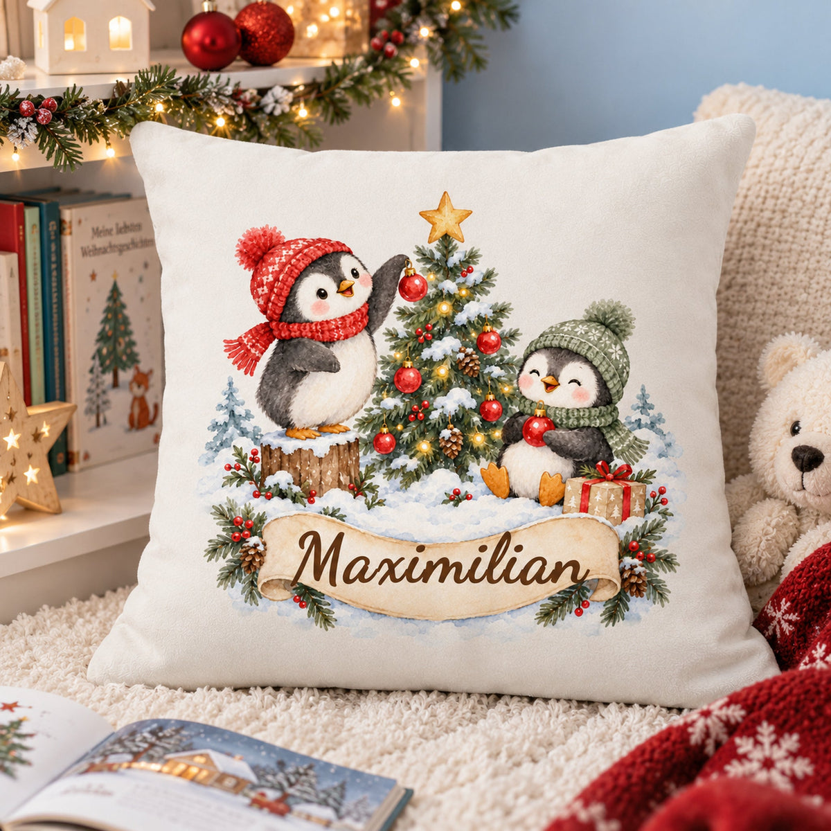Weihnachts-Kissenbezug Pinguine mit Wunschname – Wohnszene