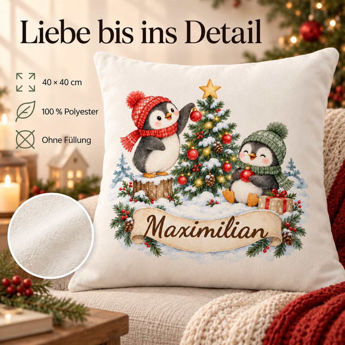 Weihnachts-Kissenbezug Pinguine mit Wunschname – Eigenschaften