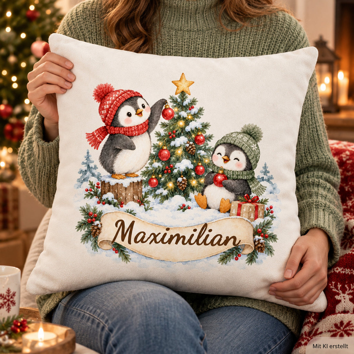 Weihnachts-Kissenbezug Pinguine mit Wunschname – Verwendung