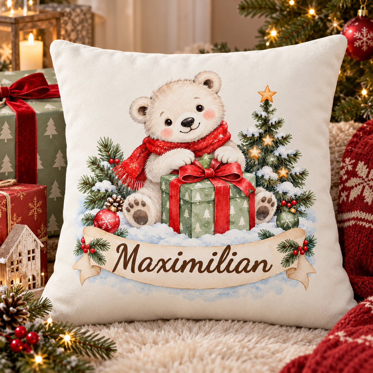Weihnachts-Kissenbezug Eisbär mit Wunschname – Wohnszene