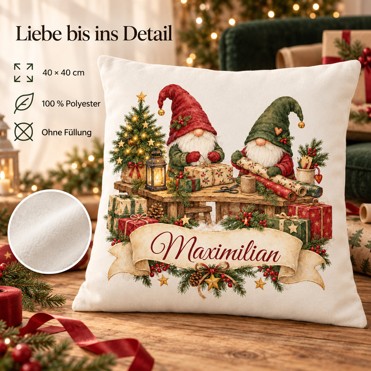 Personalisierter Weihnachtskissenbezug Wichtelwerkstatt mit Beispielname Maximilian – Produktdetails