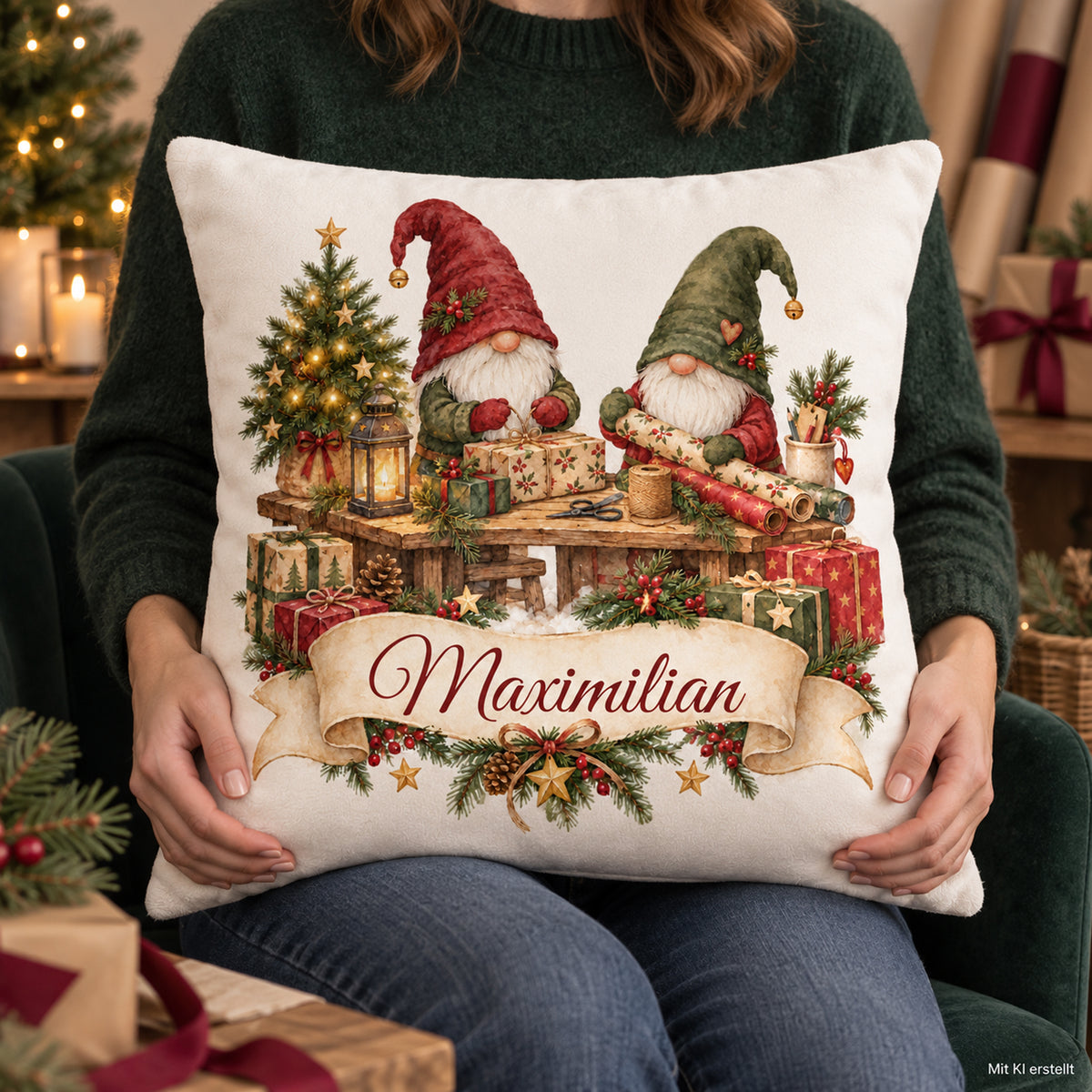 Personalisierter Weihnachtskissenbezug Wichtelwerkstatt mit Beispielname Maximilian – Nutzungsszene