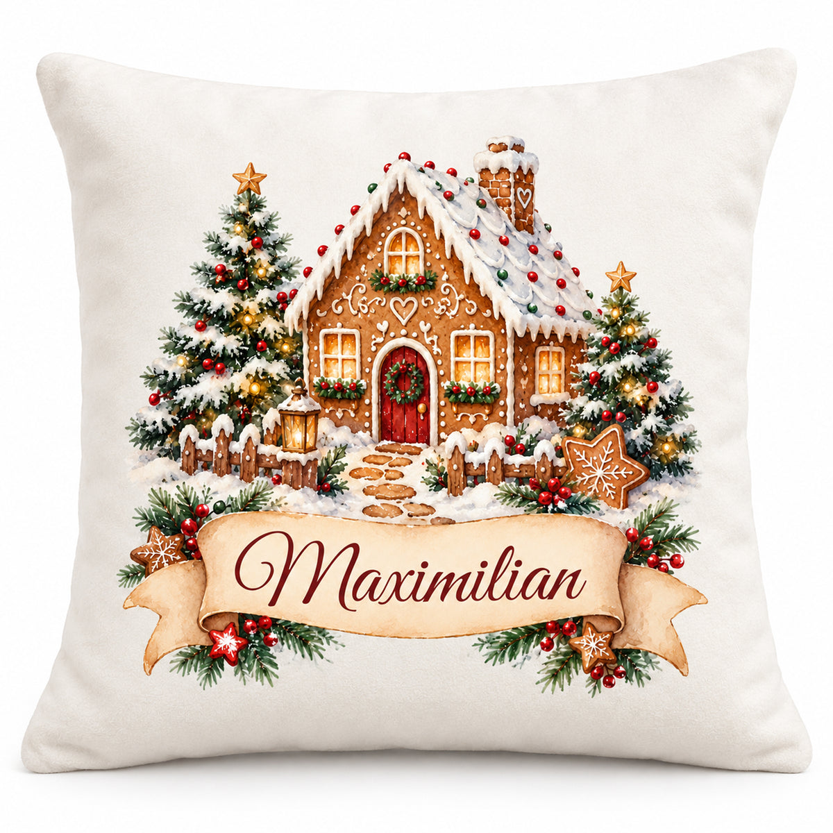 Personalisierter Weihnachtskissenbezug Lebkuchenhäuschen mit Beispielname Maximilian – Vorderansicht