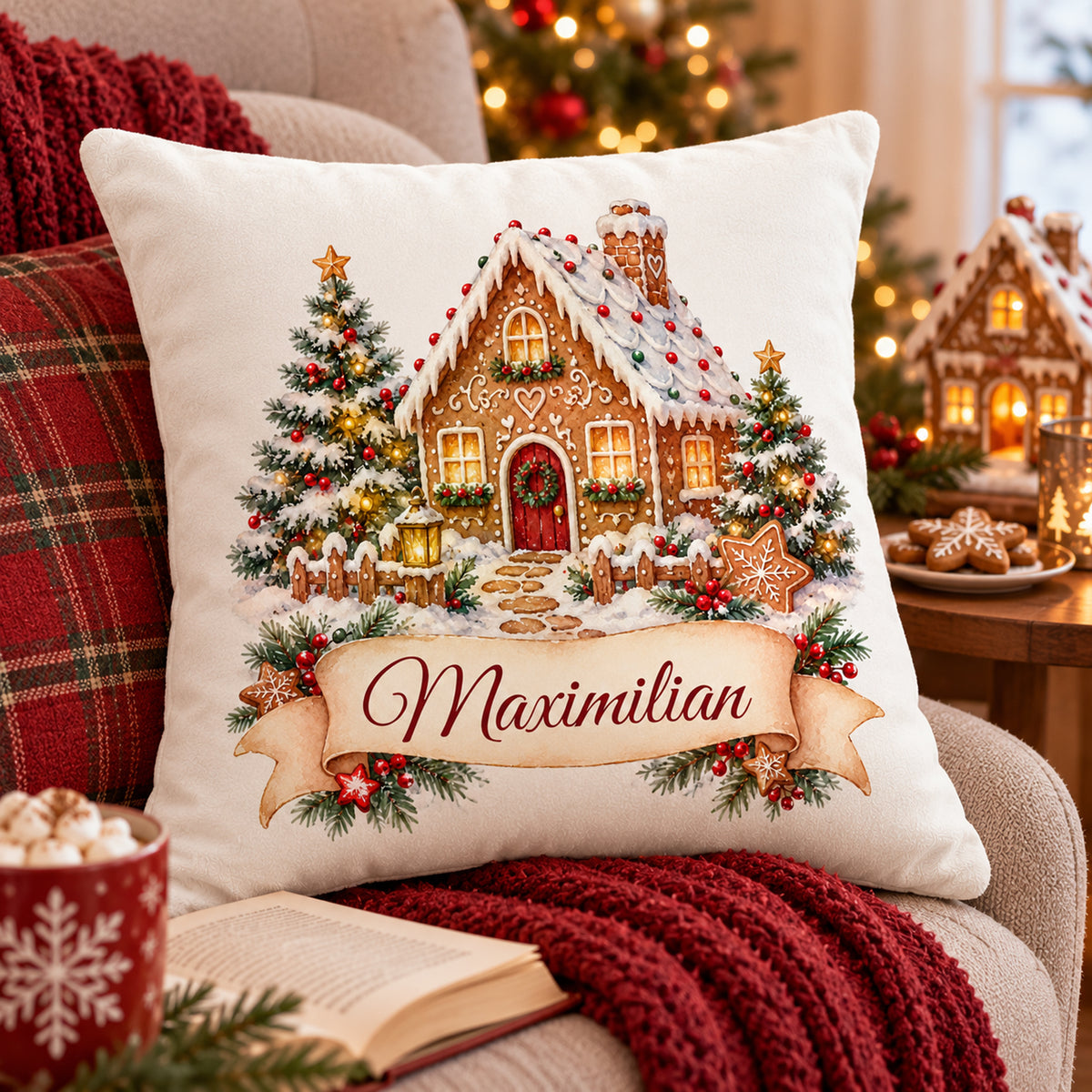 Personalisierter Weihnachtskissenbezug Lebkuchenhäuschen mit Beispielname Maximilian – seitliche Vorderansicht
