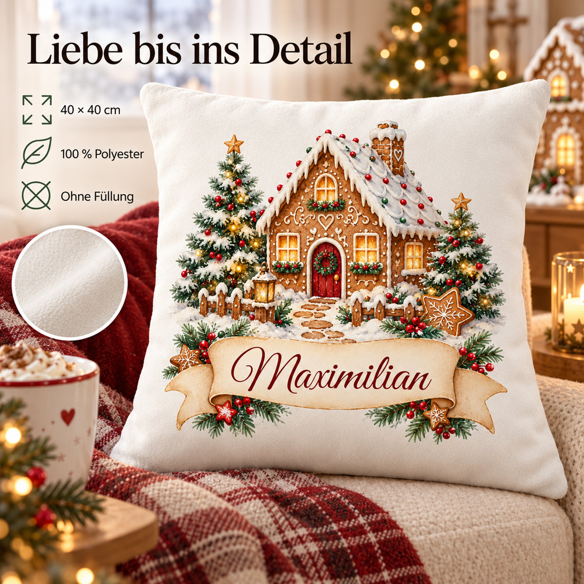 Personalisierter Weihnachtskissenbezug Lebkuchenhäuschen mit Beispielname Maximilian – Produktdetails