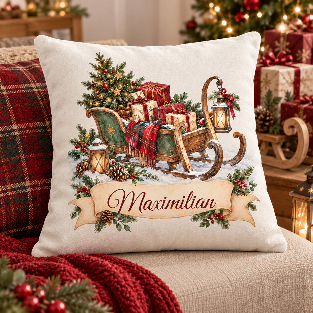 Personalisierter Weihnachtskissenbezug Geschenkschlitten mit Beispielname Maximilian – seitliche Vorderansicht