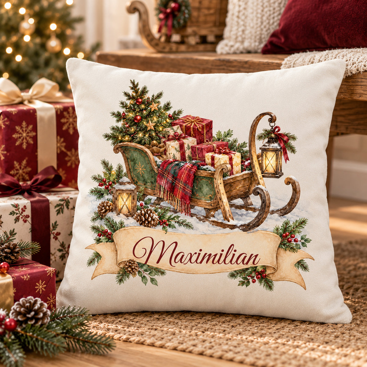 Personalisierter Weihnachtskissenbezug Geschenkschlitten mit Beispielname Maximilian – Wohnraumszene