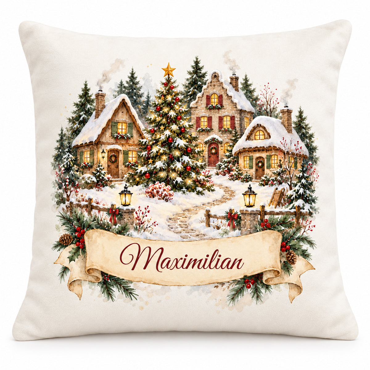 Personalisierter Weihnachtskissenbezug Weihnachtsdorf mit Beispielname Maximilian – Vorderansicht