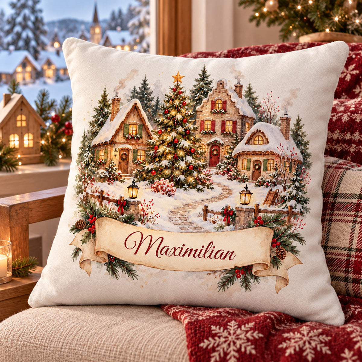 Personalisierter Weihnachtskissenbezug Weihnachtsdorf mit Beispielname Maximilian – seitliche Vorderansicht