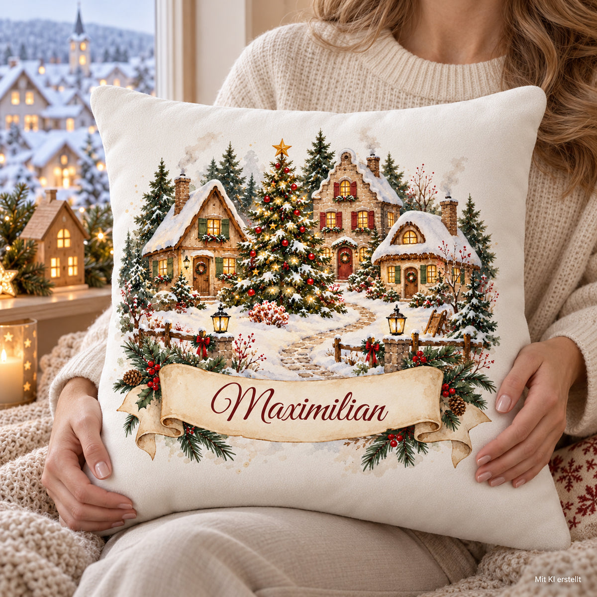 Personalisierter Weihnachtskissenbezug Weihnachtsdorf mit Beispielname Maximilian – Nutzungsszene