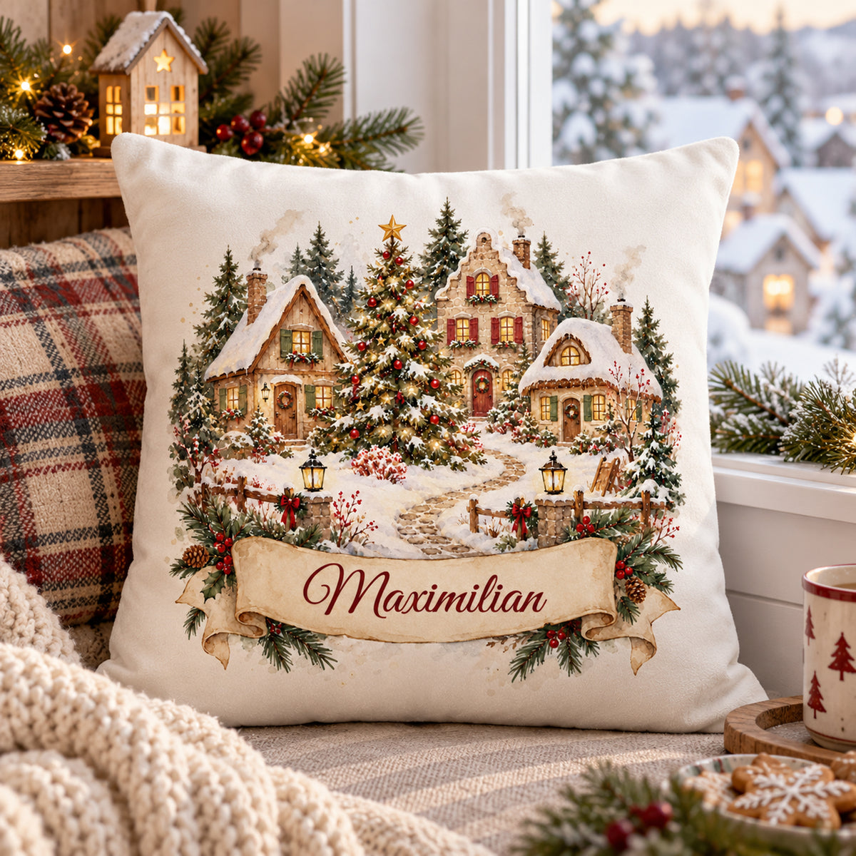 Personalisierter Weihnachtskissenbezug Weihnachtsdorf mit Beispielname Maximilian – Wohnraumszene
