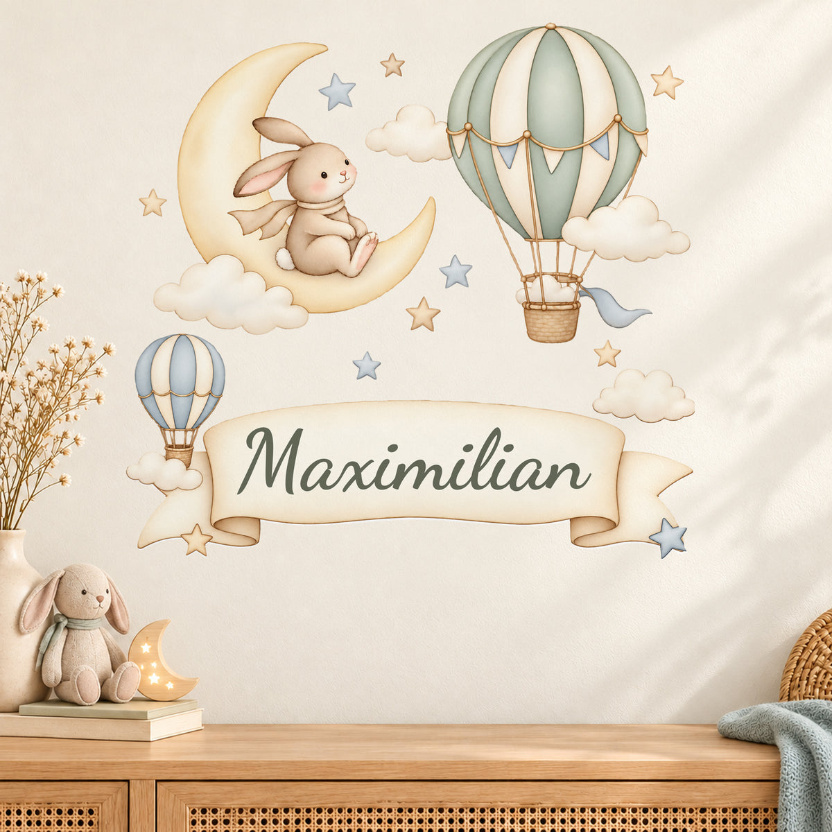 Wandtattoo Hase mit Namen im Banner - Babyzimmer an der Wand