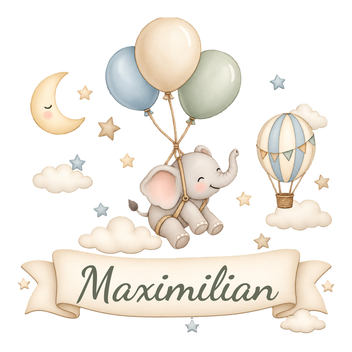 Wandtattoo Elefant mit Namen im Banner - Hauptbild