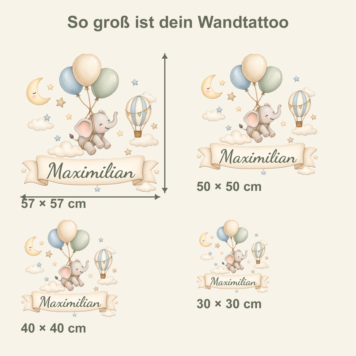 Wandtattoo Elefant mit Namen im Banner - Vier Größen