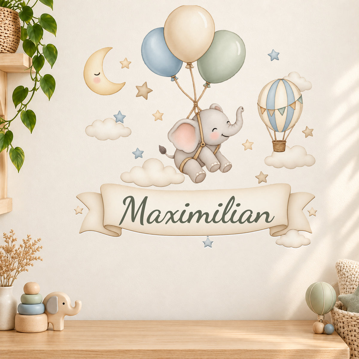 Wandtattoo Elefant mit Namen im Banner - Spielecke