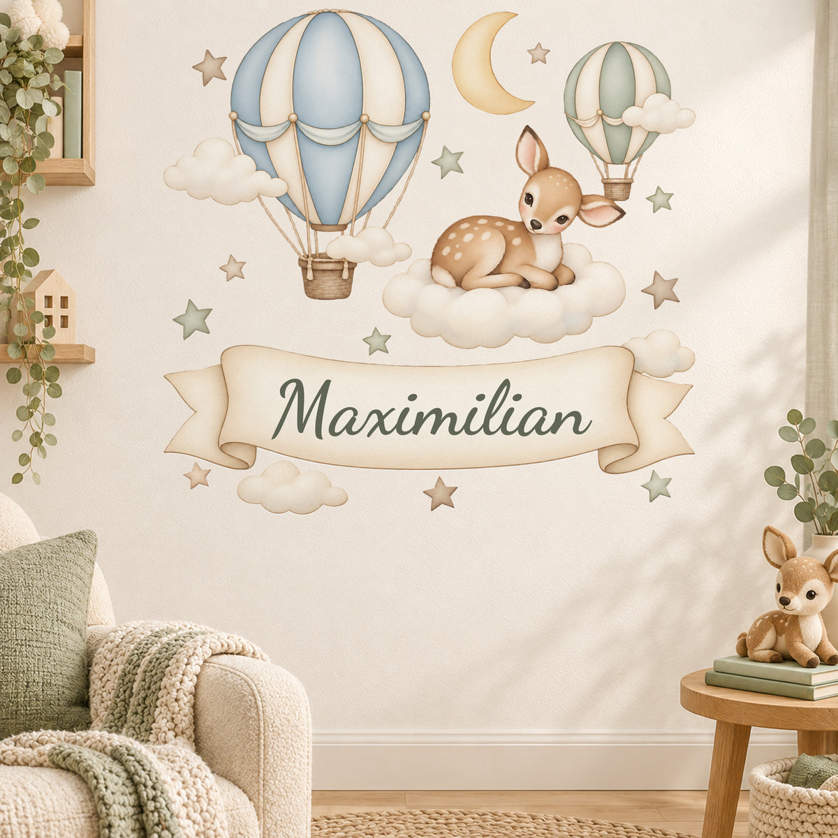 Wandtattoo Rehkitz mit Namen im Banner - Leseecke