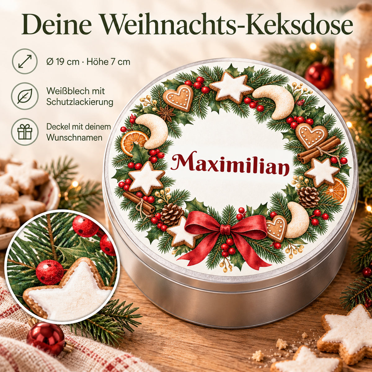 Weihnachts-Keksdose mit Plätzchenkranz und Wunschname – Ansicht 4