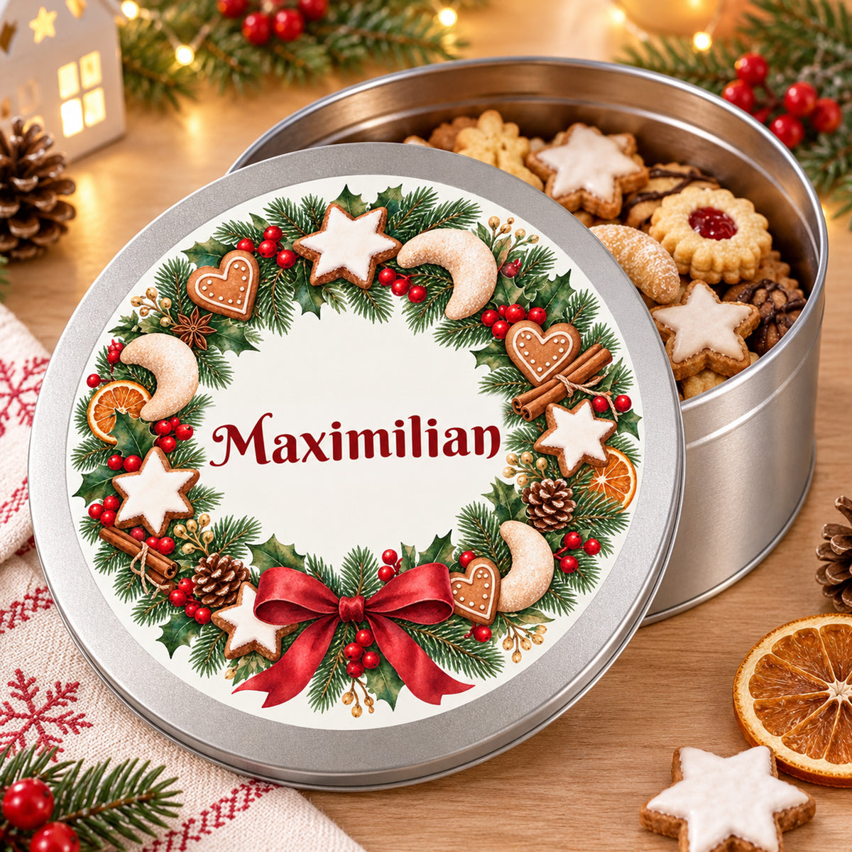 Weihnachts-Keksdose mit Plätzchenkranz und Wunschname – Ansicht 6
