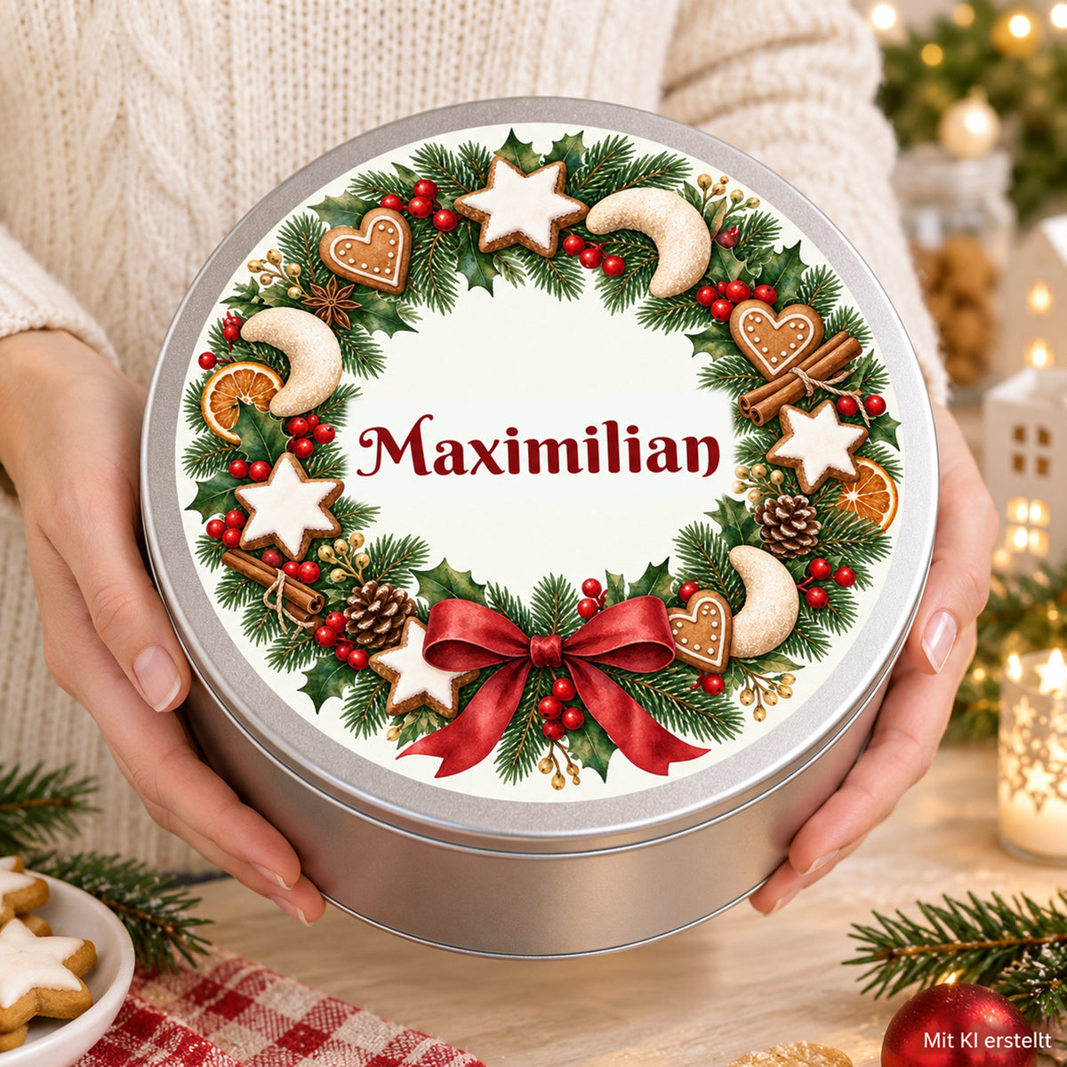 Weihnachts-Keksdose mit Plätzchenkranz und Wunschname – Ansicht 7