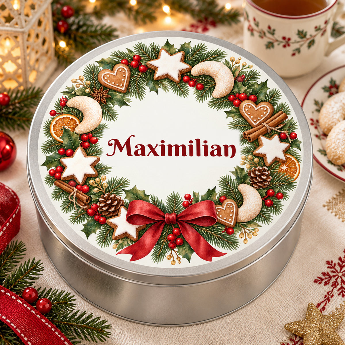 Weihnachts-Keksdose mit Plätzchenkranz und Wunschname – Ansicht 8