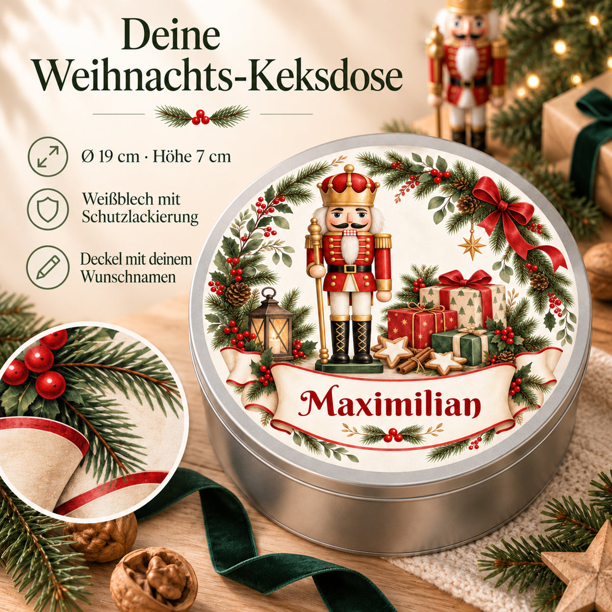 Weihnachts-Keksdose mit Nussknacker und Wunschname – Ansicht 4