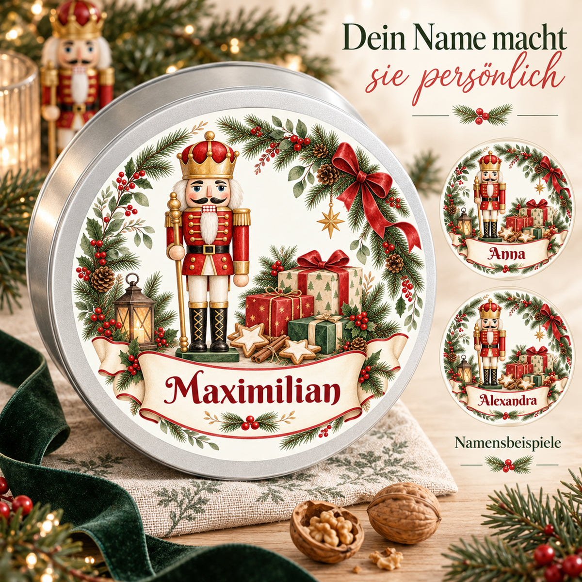Weihnachts-Keksdose mit Nussknacker und Wunschname – Ansicht 5