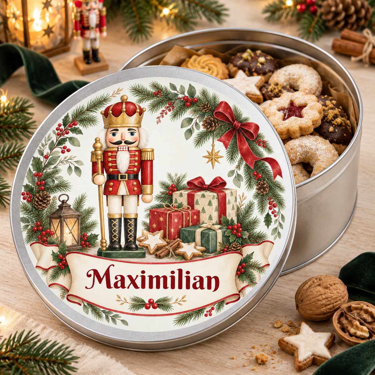 Weihnachts-Keksdose mit Nussknacker und Wunschname – Ansicht 6