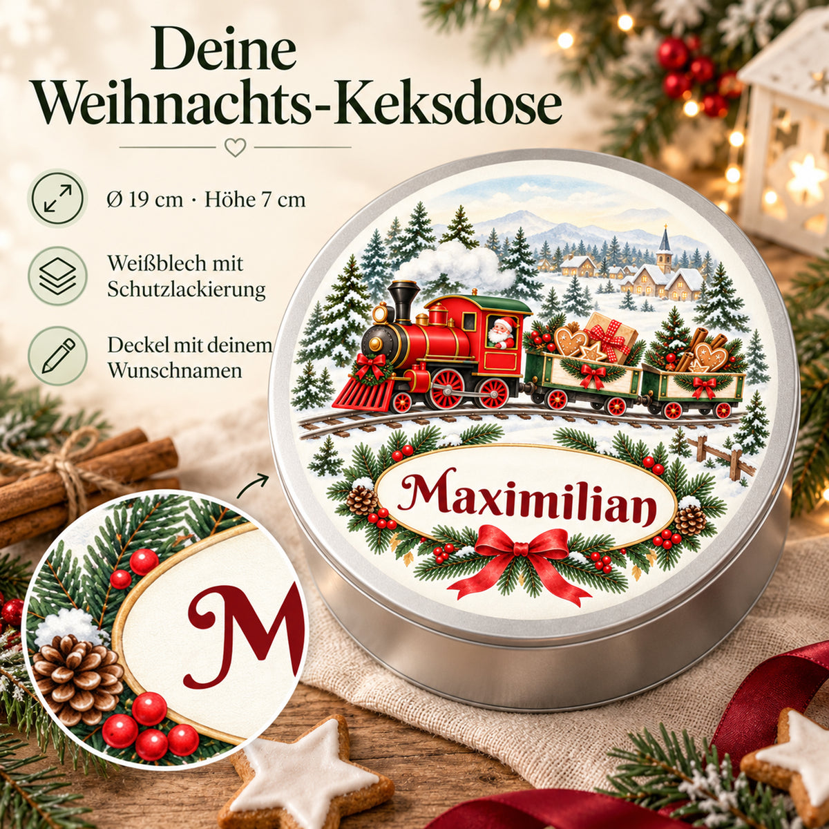 Weihnachts-Keksdose mit Weihnachtszug und Wunschname – Ansicht 4