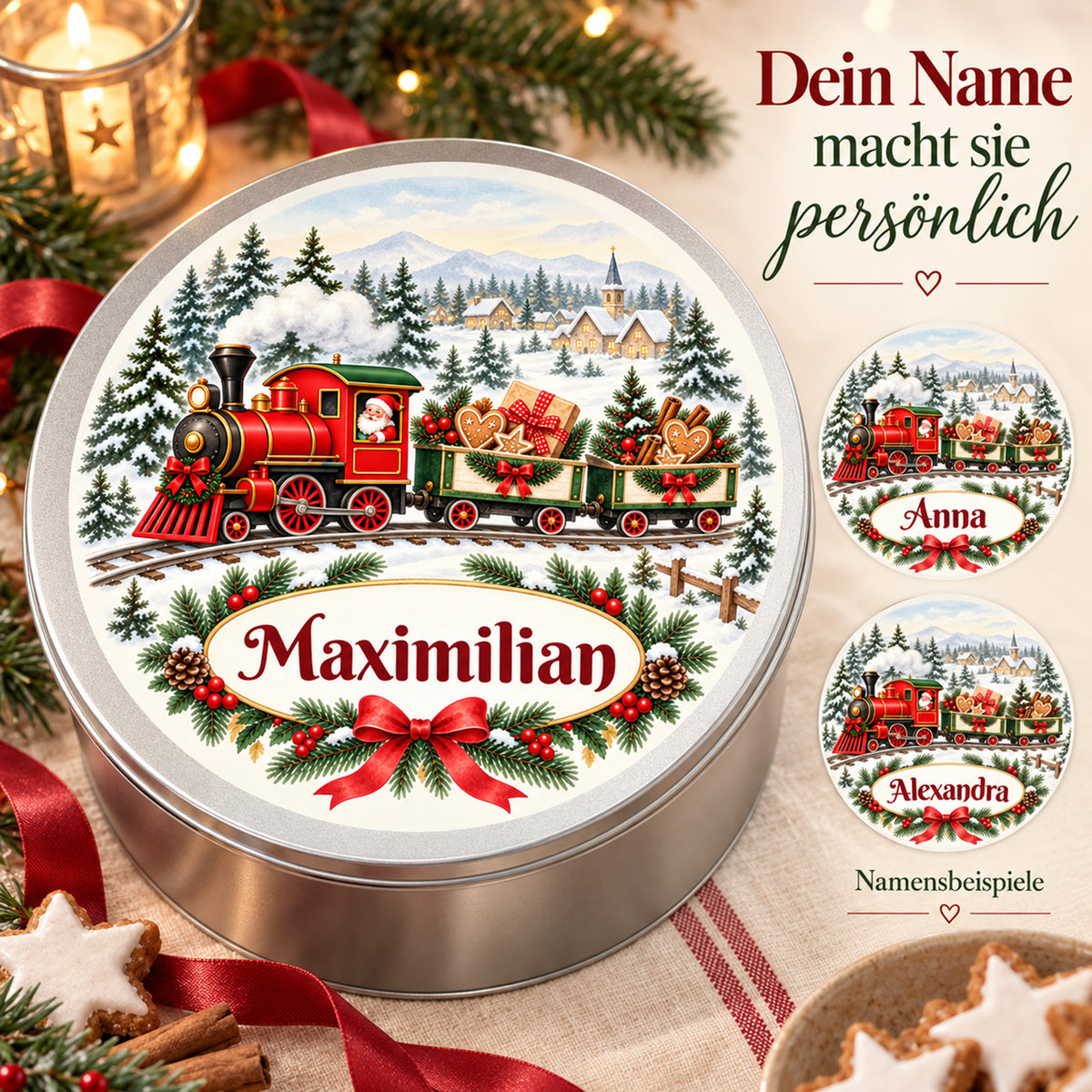 Weihnachts-Keksdose mit Weihnachtszug und Wunschname – Ansicht 5
