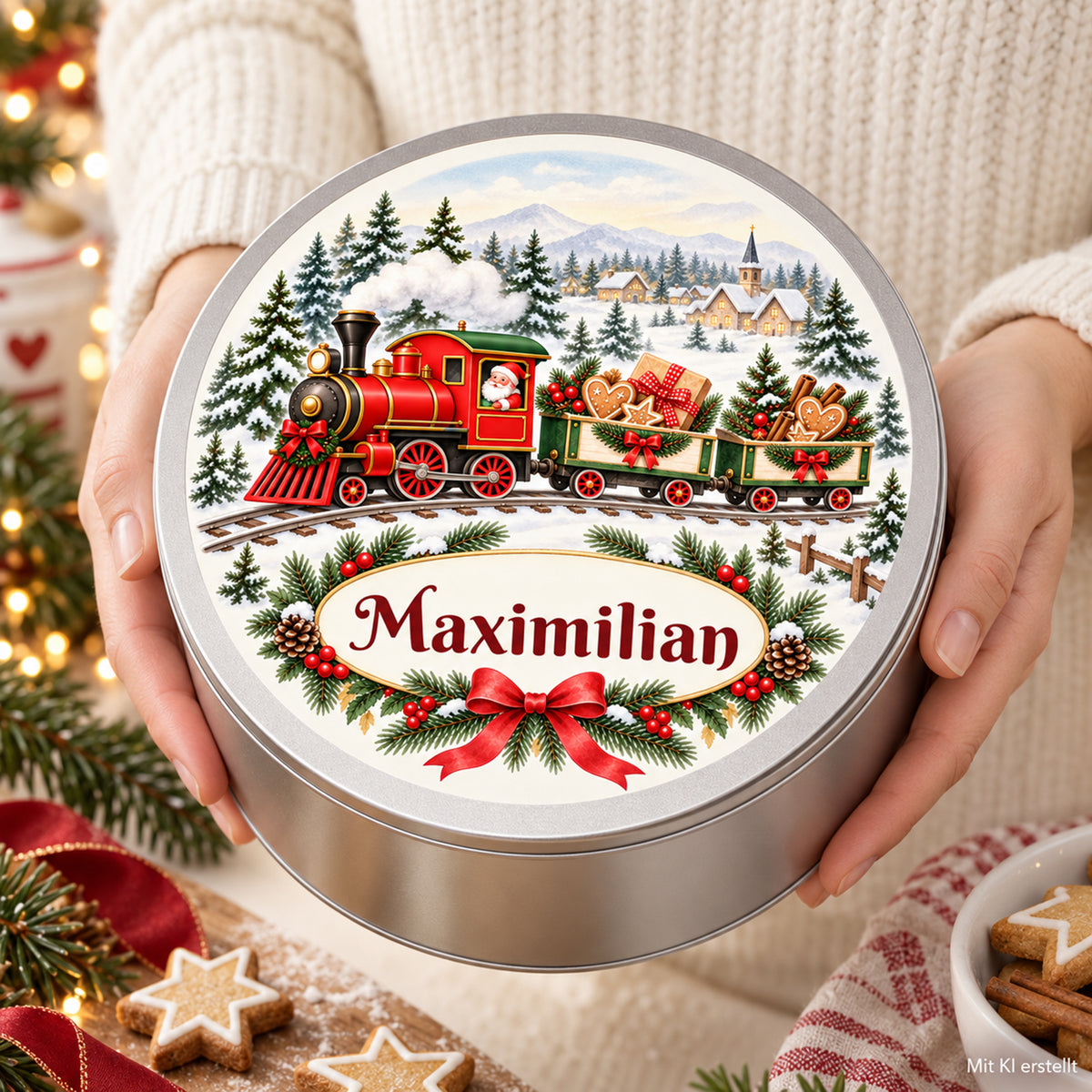 Weihnachts-Keksdose mit Weihnachtszug und Wunschname – Ansicht 7